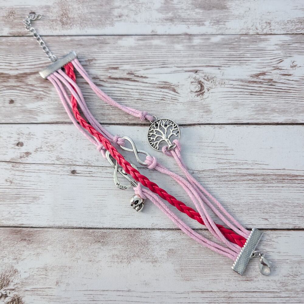 Pink & Red Bracelet with Music, Skull, Tree Charm
